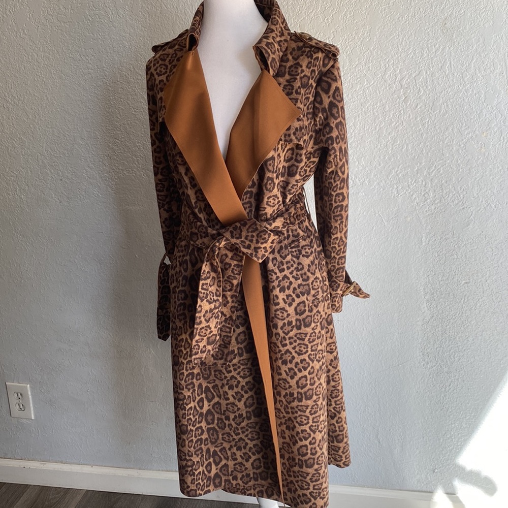 Leopard Print Wrap Coat Tie Belt Long Sleeves Brown Rust Light Weight Women’s XS